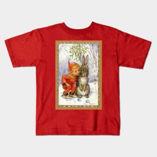 Elf and Rabbit Under Mistletoe Christmas - Margaret Tarrant Kids T-Shirt